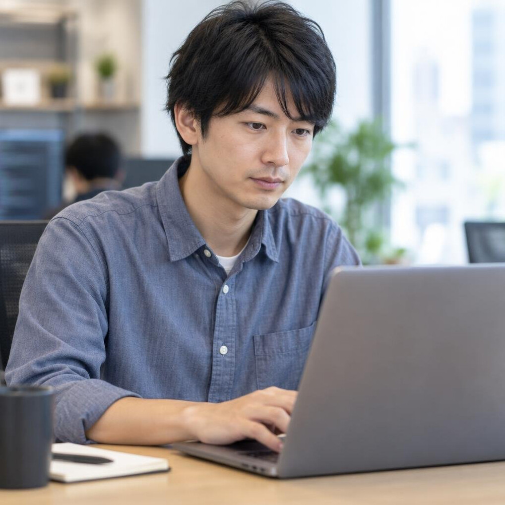 Young Japanese software developer working at a desk with a laptop